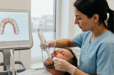 Eine zahnmedizinische Fachangestellte erstellt den digitalen Zahnabdruck eines Patienten.