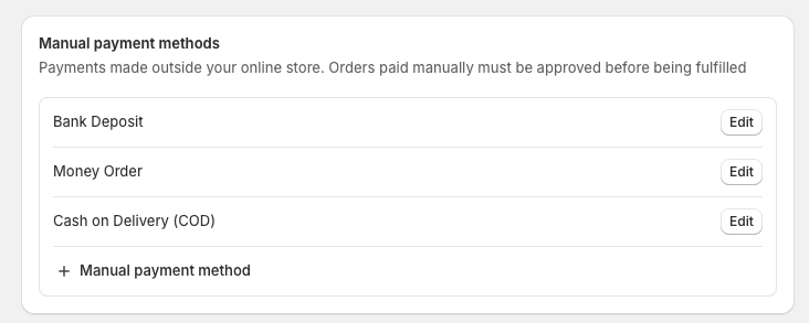 Manual payment methods card at Shopify.