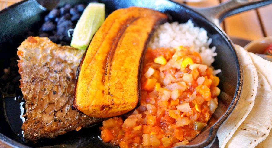 Traditional Costa Rican Casado meal with rice, beans and plantains.
