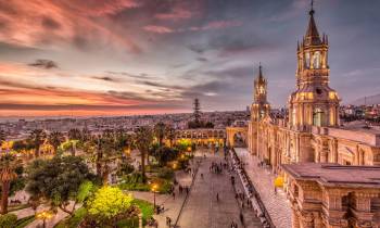 Sunset over Basilica Cathedral of Arequipa in Peru