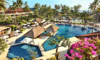 a colorful flower garden in a pool