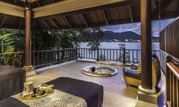a dining room table in front of a building