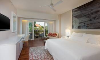 a bedroom with a large bed in a hotel room