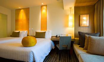a hotel room with a bed and looking at the camera