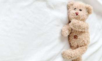 a brown teddy bear sitting on top of a bed