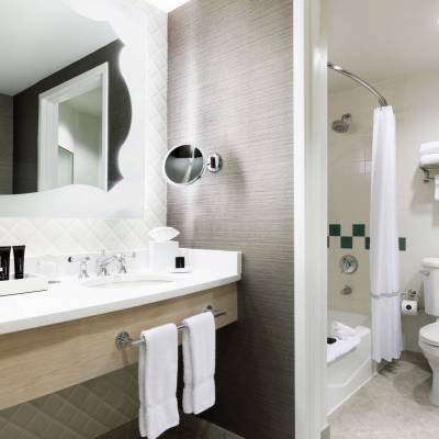 a white sink sitting under a mirror
