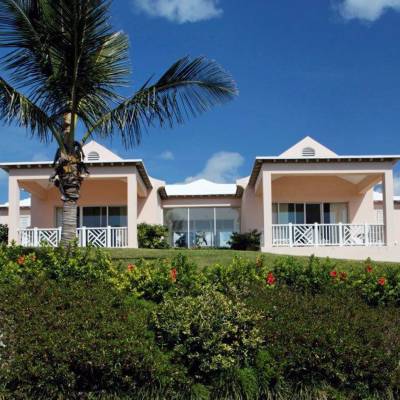 a house with bushes in front of a palm tree
