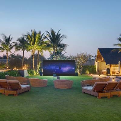 a group of lawn chairs sitting next to a palm tree