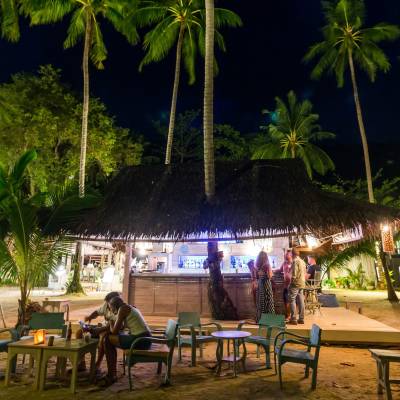 a group of palm trees on a picnic table