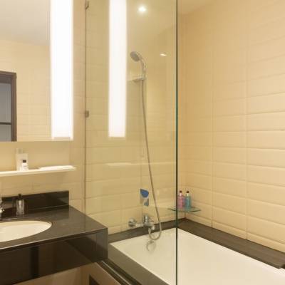 a double sink and large mirror