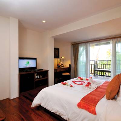a bedroom with a large bed in a hotel room