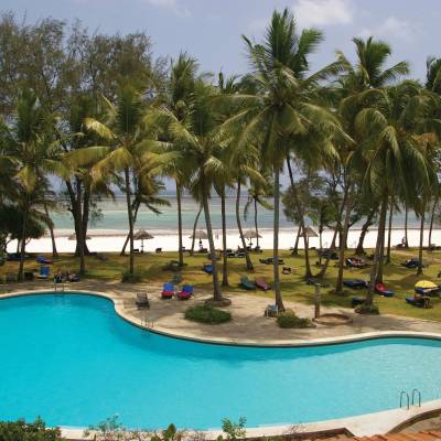 a group of palm trees next to a swimming pool