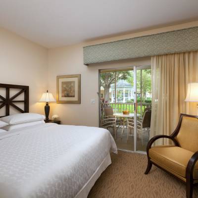 a bedroom with a bed in a hotel room