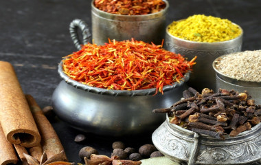 Schalen mit typisch indischen Gewürzen (Paprika, Kurkuma, Pfeffer, Anis, Zimt, Safran)