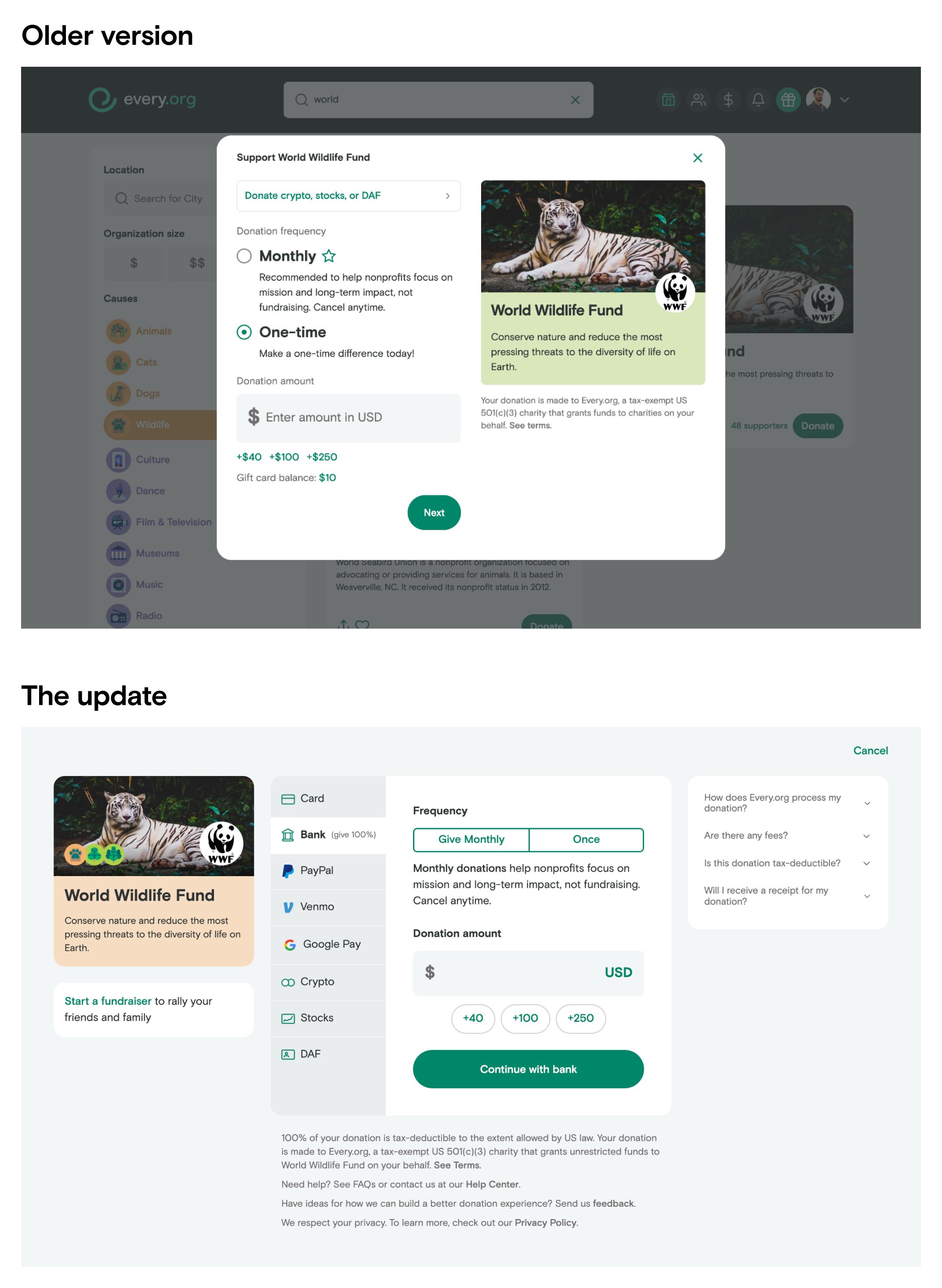 A side-by-side comparison of the first step for the old and new donation flows. The old flow shows a link Crypto, Stock, and DAF options, but doesn't show the other options (this happened in step 2). The new flow shows all 8 payment options as clickable tabs.