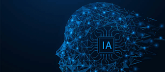 A digital illustration of a human head profile designed with interconnected blue lines and glowing nodes. The letters "IA" are prominently displayed on a microchip in the brain area, symbolizing artificial intelligence. The background is dark blue.