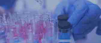 A close-up of a laboratory setting showcasing gloved hands handling test tubes. Several test tubes contain a pink liquid while two test tubes have a blue liquid with black caps. A pipette is poised above one of the pink-filled tubes. The overall scene is bathed in a blue light.
