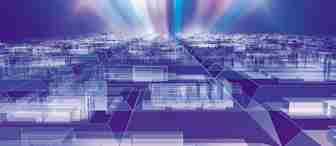 A surreal, abstract digital landscape with glowing geometric shapes and structures extends into the distance. The horizon features radiant, multi-colored light beams against a purple and blue gradient sky, creating a futuristic and ethereal atmosphere.