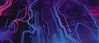 A close-up view of a circuit board with intricate patterns and connections, illuminated with neon pink and blue lights, creating a futuristic and high-tech atmosphere. The colors blend and intertwine, highlighting the detailed pathways on the board.