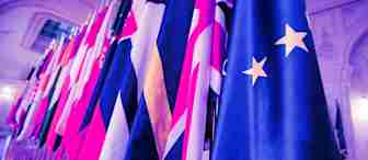 A row of international flags is displayed in an ornate indoor setting with a soft purple lighting. The focus is on the European Union flag with yellow stars, among other colorful flags. The background shows elegant architectural details.
