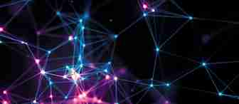 A digital illustration depicting interconnected glowing nodes and lines on a dark background. The nodes emit blue and pink light, creating an intricate web-like pattern, reminiscent of a neural network or a complex digital system.