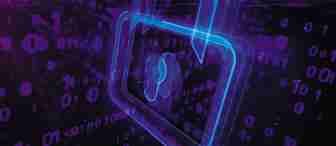 A bright, glowing padlock icon in neon blue is displayed at the center against a dark background filled with floating binary code in shades of purple. The image conveys themes of digital security and encryption.