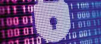 A glowing padlock icon made of small white dots is displayed on a digital background filled with rows of binary code (0s and 1s) in shades of pink and purple, symbolizing cybersecurity and data protection.