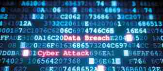 A screen filled with rows of random numbers and letters in blue, representing code. In the center, the words "Data Breach" and "Cyber Attack" are highlighted in red, standing out among the blue code. The image conveys themes related to cybersecurity threats.