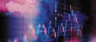 A digital depiction of a world map with dynamic, fluctuating financial data superimposed in the form of graphs, lines, and numbers. The image has a pink and blue color scheme, creating a futuristic and abstract representation of global financial markets.