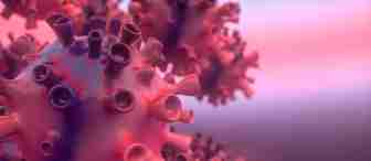 Close-up of a virus particle, showing a spherical structure with spike-like protrusions extending outward. The particle appears in shades of pink and purple against a blurred gradient background ranging from pink to lavender.