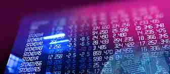 A digital interface displaying stock market data with numbers, graphs, and charts. The blue and pink hues create a futuristic feel. A faint globe outline is visible in the background, indicating a global market perspective.