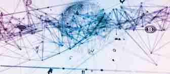 Abstract digital art featuring a blue and purple neuron-like network with interconnected lines and nodes. Various technological and financial icons, such as the Bitcoin symbol, Wi-Fi, and arrows, are integrated into the design, representing connectivity and innovation.