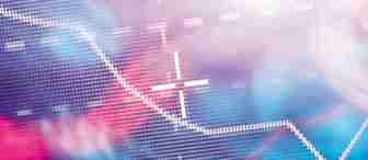A vibrant, abstract image depicting a downward-trending graph against a colorful, blurred background with soft pink, blue, and purple hues. The graph is created with small, square pixels and includes intersecting white crosshairs near its center.