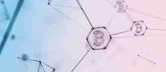 A digital illustration featuring interconnected hexagons against a gradient pink and blue background. The central hexagon displays a Bitcoin symbol, indicating a network or blockchain concept. Various geometric lines connect the hexagons, creating a sense of web-like interconnectivity.