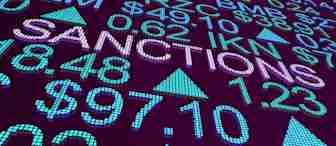 A digital display shows various currency symbols, numbers, and the words "SANCTIONS" prominently in the center. The background is a deep purple, with blue and green elements highlighting the text and symbols, suggesting a financial or economic theme.