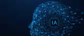 A digital illustration of a human head profile designed with interconnected blue lines and glowing nodes. The letters "IA" are prominently displayed on a microchip in the brain area, symbolizing artificial intelligence. The background is dark blue.