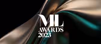 A sleek, abstract graphic with flowing, metallic gold and teal shapes against a black background. Large, stylish white text in the center reads "ML Awards 2023.
