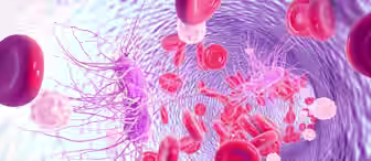 A 3D illustration depicting red blood cells, white blood cells, and purple neuron-like cells inside a blood vessel. The background showcases a tunnel effect with blue and purple hues. The cells appear to float and interact dynamically within the vessel.