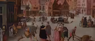 A bustling medieval town square features people engaging in various activities. Market stalls and buildings line the area, with a church and castle visible in the background. Citizens interact, sell goods, and walk about. A couple stands near a fountain in the center.