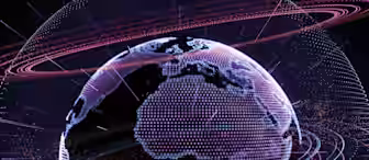 A digital representation of Earth with focus on Africa, showcasing a network of glowing points and interconnected lines. Surrounding the globe are various circular data trails and bright streaks, symbolizing global connectivity and data exchange.