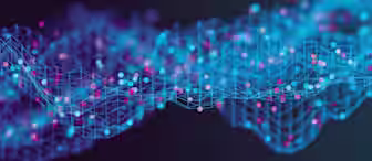 A digital illustration of a wave-like grid structure over a dark background. The grid is composed of intersecting lines and illuminated dots in blue and pink, creating a dynamic, flowing pattern that suggests data visualization or abstract network representation.