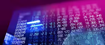 A digital interface displaying stock market data with numbers, graphs, and charts. The blue and pink hues create a futuristic feel. A faint globe outline is visible in the background, indicating a global market perspective.