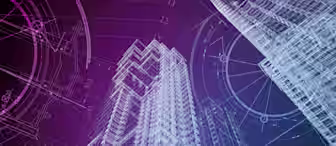 A digitally rendered architectural blueprint of a skyscraper complex, with intricate details of the building structures. The background features gradient shades of purple and blue, emphasizing the technical lines and highlighting the precision of the design.