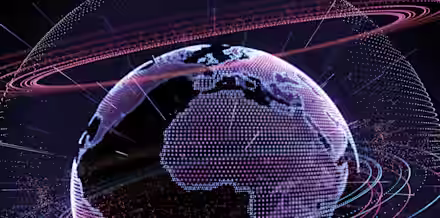 A digital representation of Earth with focus on Africa, showcasing a network of glowing points and interconnected lines. Surrounding the globe are various circular data trails and bright streaks, symbolizing global connectivity and data exchange.
