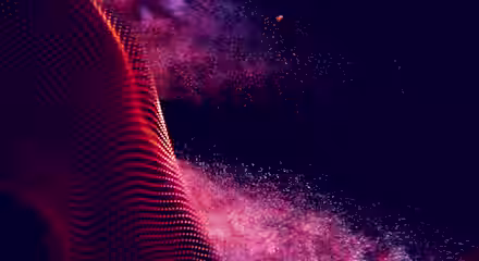 Abstract digital art featuring swirling patterns of pink and purple particles against a dark background. The left side shows a wave-like, grid pattern with a glowing, undulating surface, transitioning into a mist of scattered light particles on the right.