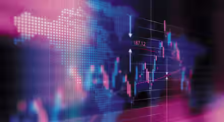 A digital depiction of a world map with dynamic, fluctuating financial data superimposed in the form of graphs, lines, and numbers. The image has a pink and blue color scheme, creating a futuristic and abstract representation of global financial markets.