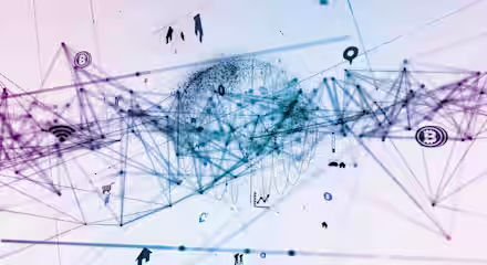 Abstract digital art featuring a blue and purple neuron-like network with interconnected lines and nodes. Various technological and financial icons, such as the Bitcoin symbol, Wi-Fi, and arrows, are integrated into the design, representing connectivity and innovation.