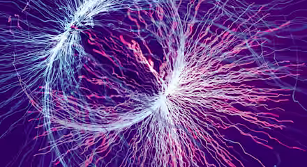 A visually striking image featuring two clusters of interconnected, glowing threads in blue and pink against a dark purple background. The threads form intricate, dynamic patterns, creating a sense of movement and energy, resembling neural networks or abstract art.