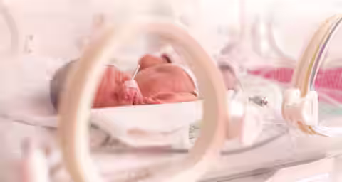 A newborn baby sleeps inside an incubator in a hospital. The baby has a nasal tube for oxygen and is lying on a blanket. The incubator's transparent sides and medical equipment are visible. The scene is softly lit, creating a calming atmosphere.