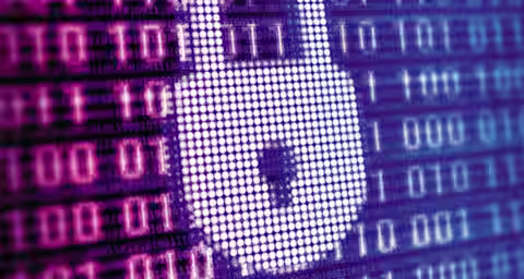 A glowing padlock icon made of small white dots is displayed on a digital background filled with rows of binary code (0s and 1s) in shades of pink and purple, symbolizing cybersecurity and data protection.